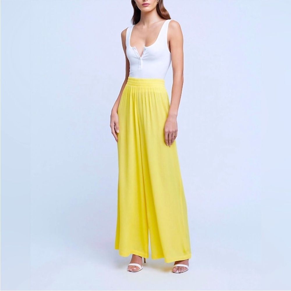 L’Agence Nikita Wide Leg Pants Crepe Plisse Light Maize Rayon Size Large NWT